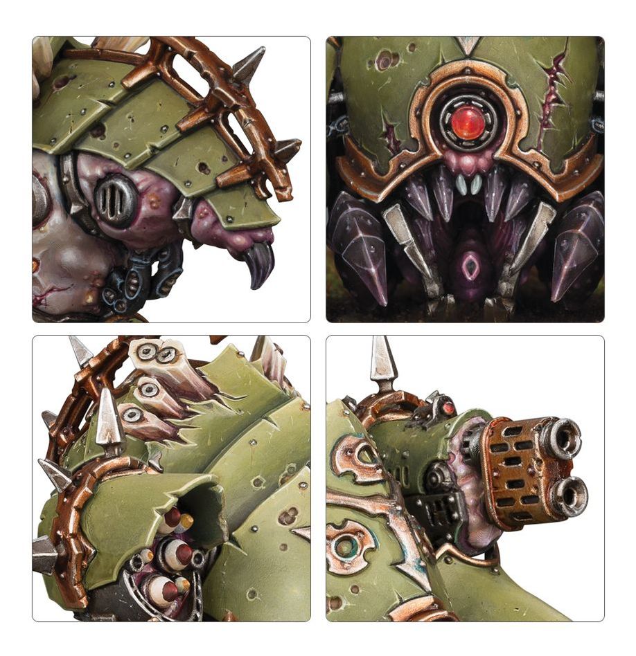 Close-ups of the Myphitic Blight-Hauler: toothed maw, red eye, corroded plates and multi-melta