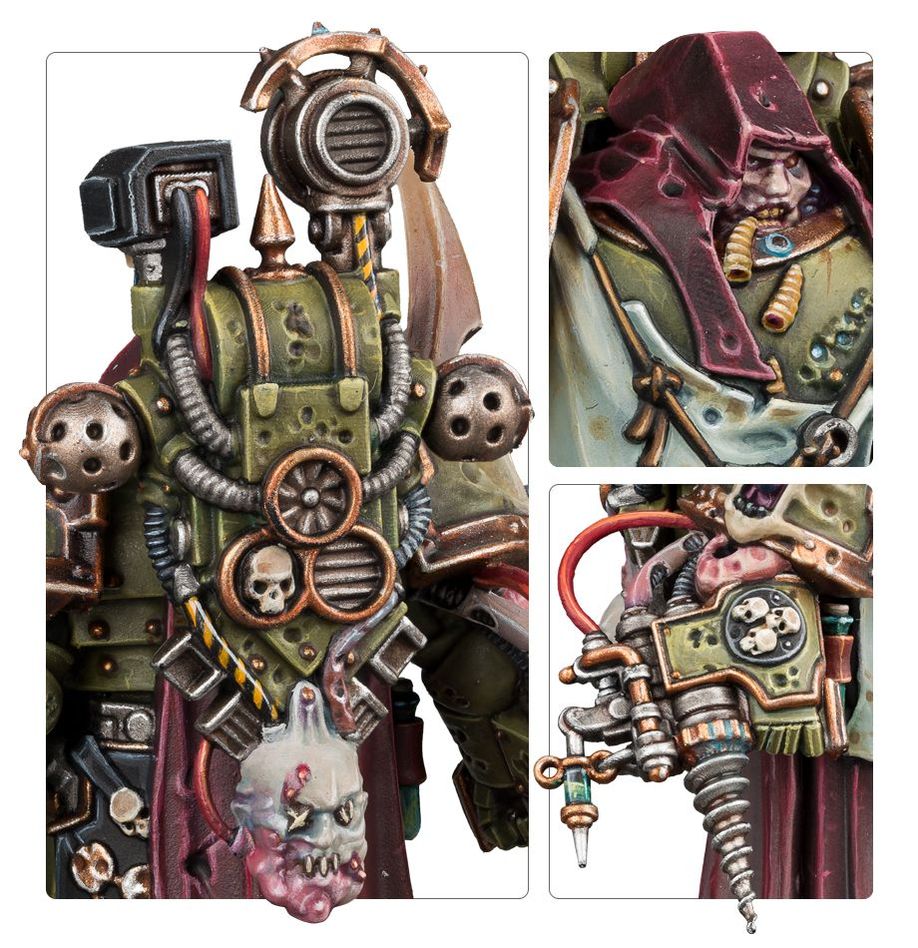 Close-ups of painted Nauseous Rotbone: plague backpack, hooded head and reductor drill