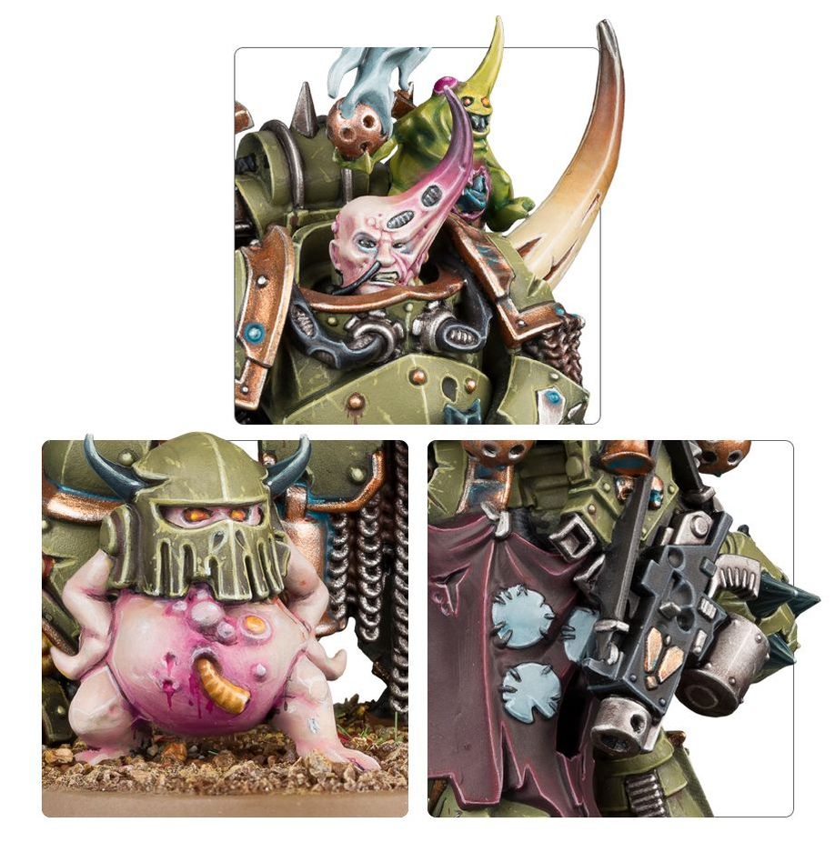 Close-ups of the painted Plague Marine Champion: horned head, Nurgling and backpack boltgun