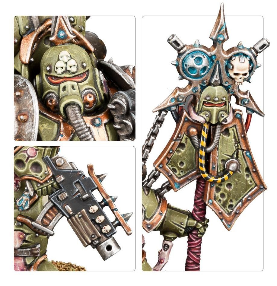 Close-ups of the painted Plague Marine Icon Bearer's helmet, boltgun and icon