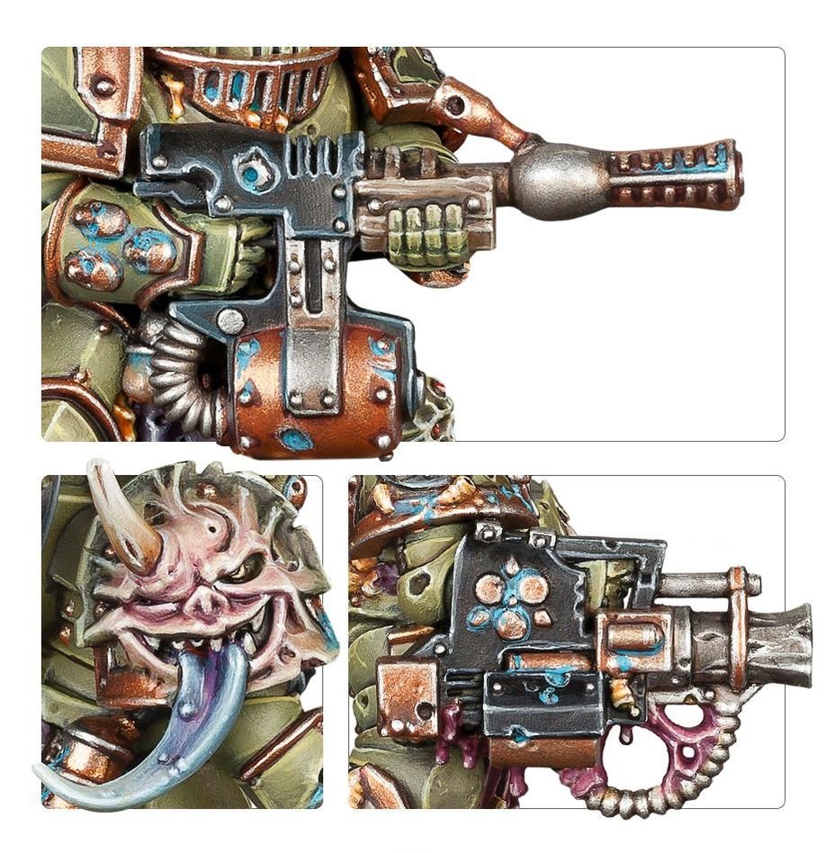 Close-ups of Plague Marine special weapons and a horned mutated face, Death Guard