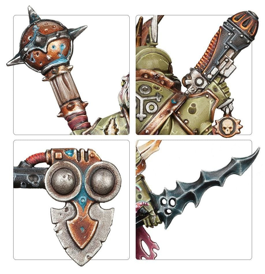 Close-ups of Plague Marine mace, plague weapon, icon and blade detail, Death Guard