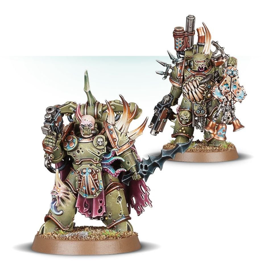 Two painted Death Guard Plague Marines, one with a plague flail and one with a bolter