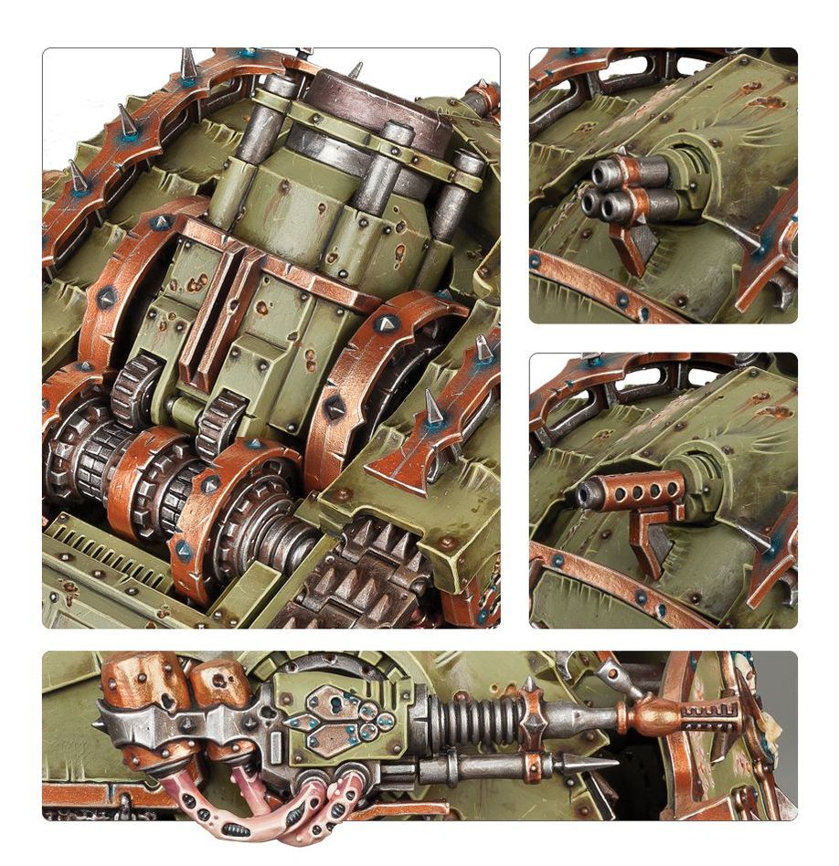 Close-ups of Plagueburst Crawler engine, sponson weapons and rust-coloured detailing
