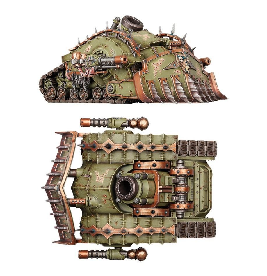 Plagueburst Crawler side profile and top-down view of the painted Death Guard tank