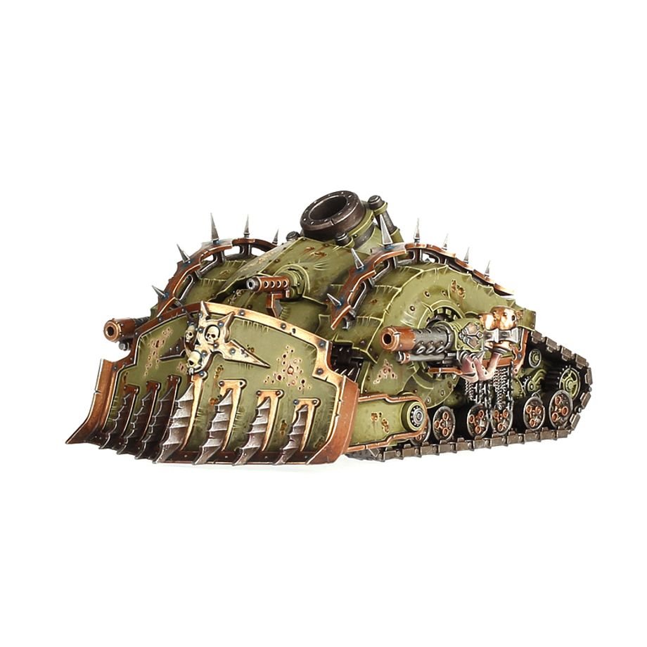 Side view of the painted Death Guard Plagueburst Crawler showing tracks and sponson guns