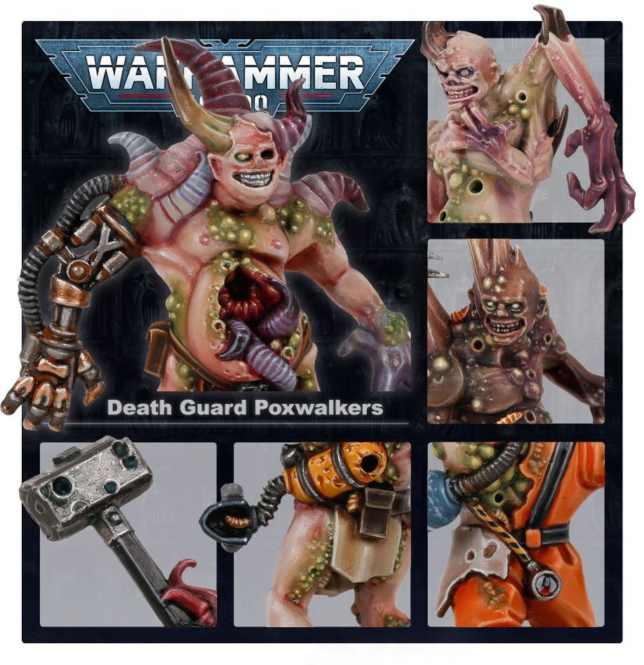 Death Guard Poxwalkers promo panel with close-ups of horned, bloated plague zombies