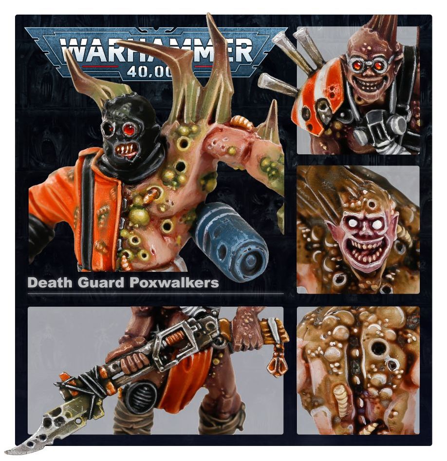 Death Guard Poxwalkers close-ups showing a masked Poxwalker in orange overalls and weapons