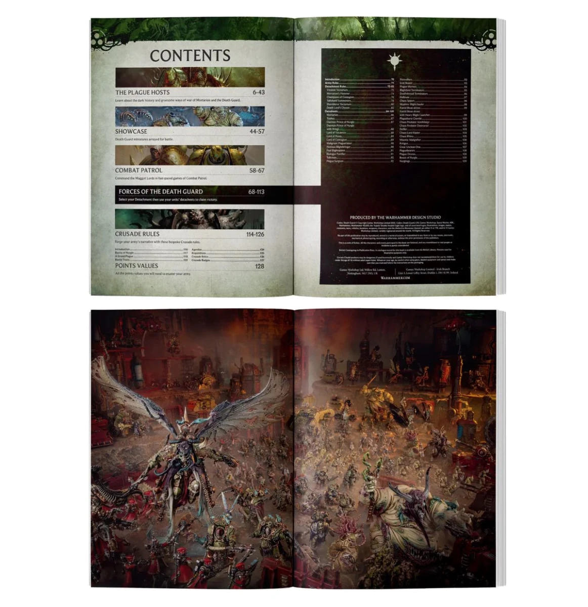 Codex: Death Guard inside pages with the contents list and a plague battle artwork spread
