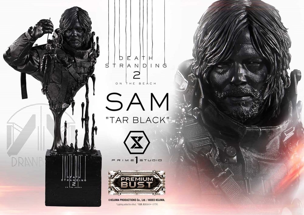 Death Stranding 2 Sam Tar Black Premium Bust banner with face close-up