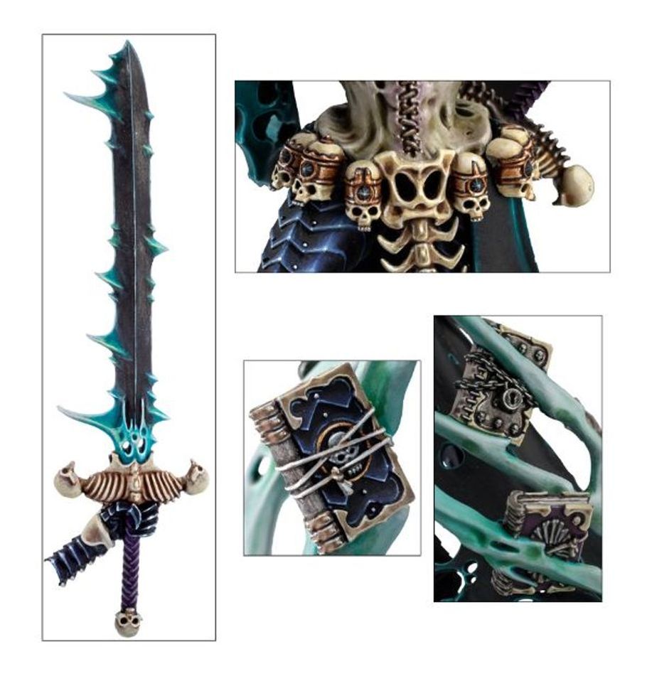 Close-ups of Nagash: Mortis Blade, skull belt and floating tomes of necromancy