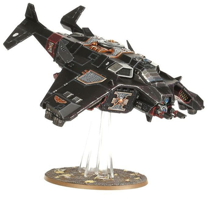 Painted Corvus Blackstar angled side view on flying stand showing wings and hull guns