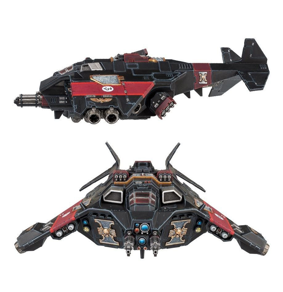 Painted Deathwatch Corvus Blackstar shown in side profile and head-on views