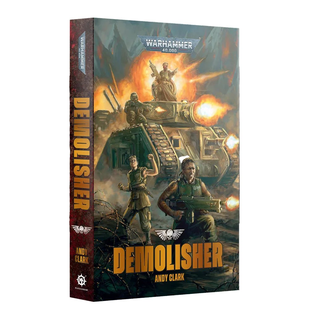 Warhammer 40k Demolisher tabletop gaming box by Andy Clark, featuring a detailed cover illustration of a demolisher tank with soldiers and explosions, shown on a white background with decorative brown textured side panels.