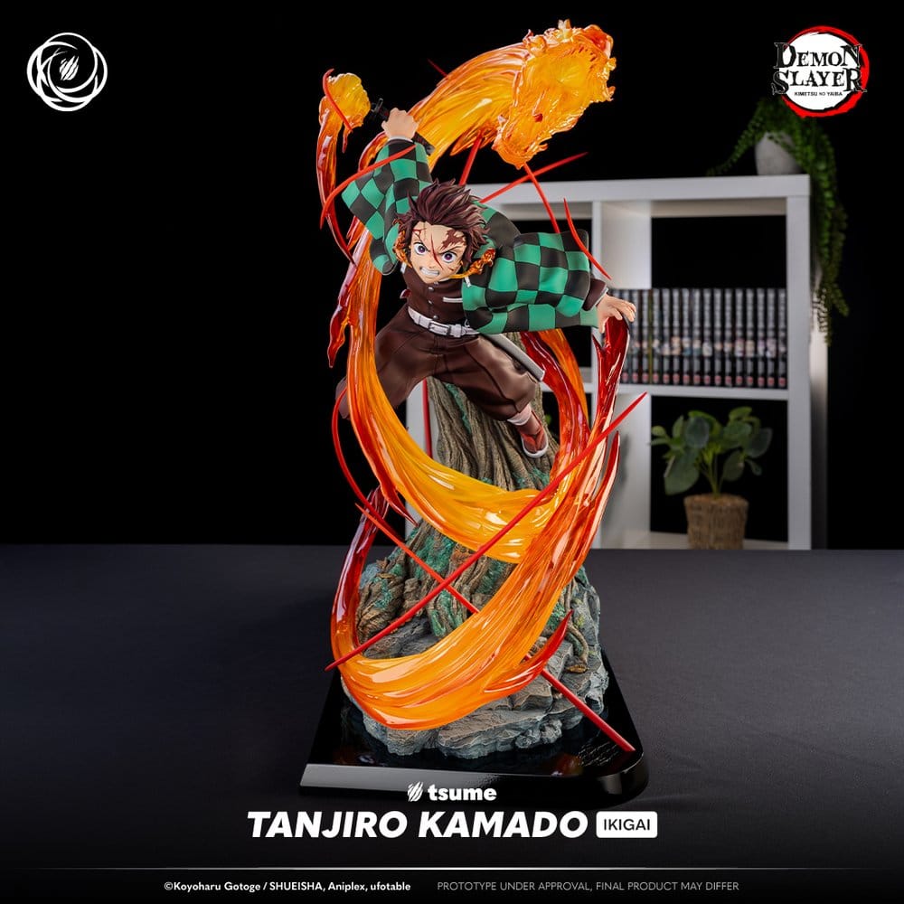 Angled view of the Tanjiro Kamado IKIGAI statue on a tree stump base with swirling fire
