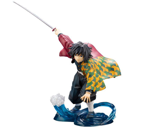 Kotobukiya ARTFX J Demon Slayer Giyu Tomioka 1/8 statue slashing above a crashing water base