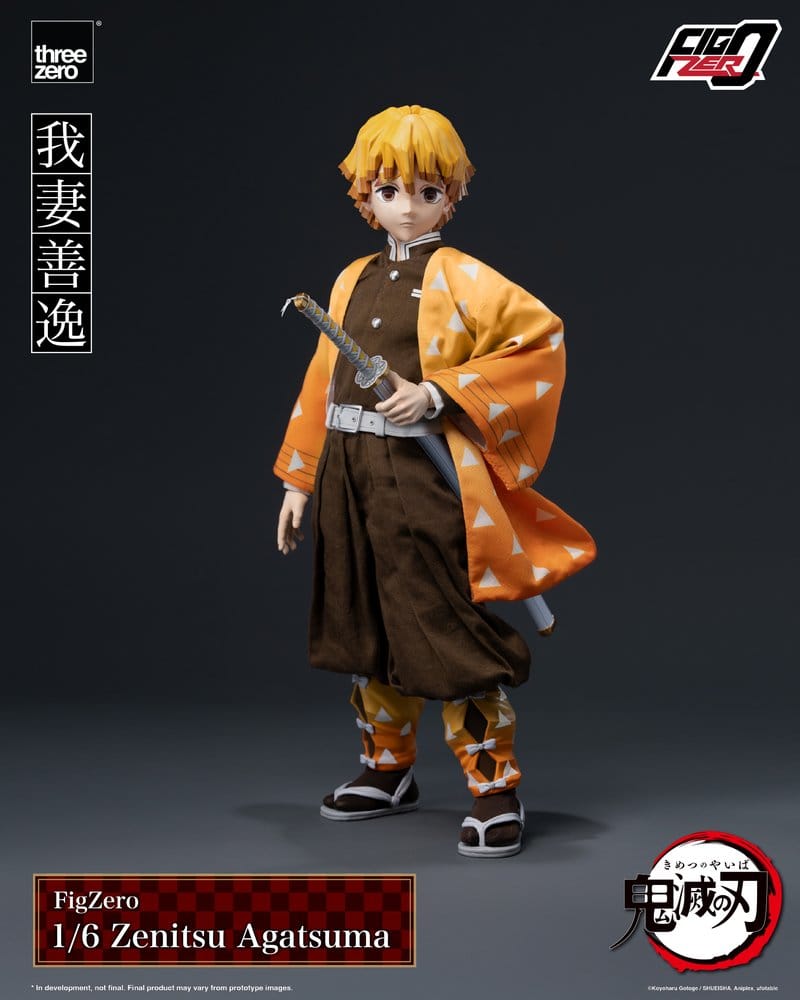 threezero FigZero 1/6 Zenitsu Agatsuma figure, front view in yellow-orange haori and uniform