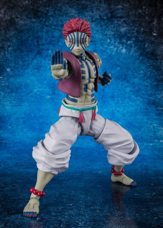 Bandai S.H.Figuarts Akaza figure in a martial arts stance, front view on blue backdrop