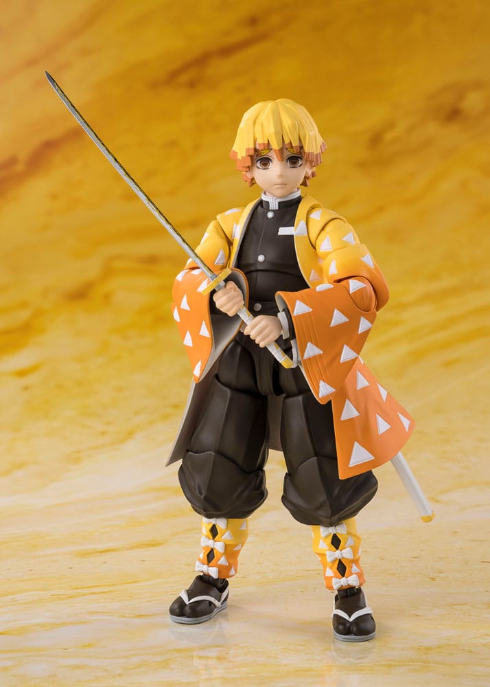Zenitsu Agatsuma S.H.Figuarts figure standing with sword drawn on a yellow backdrop