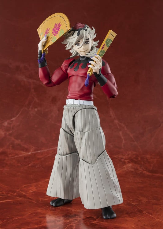 Bandai S.H.Figuarts Doma figure from Demon Slayer holding golden fans, front view