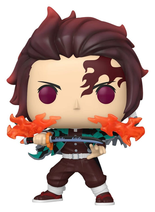 Funko Pop! Tanjiro Kamado figure from Demon Slayer swinging a flaming sword