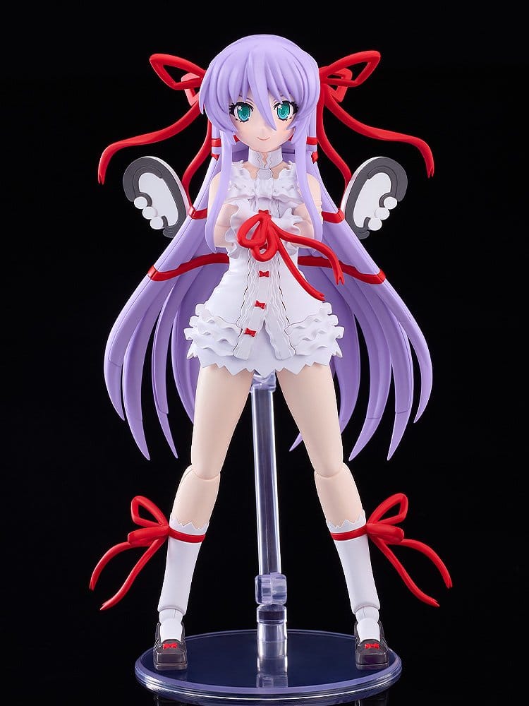 Built PLAMATEA Al Azif with red ribbons and white dress on clear stand, black background