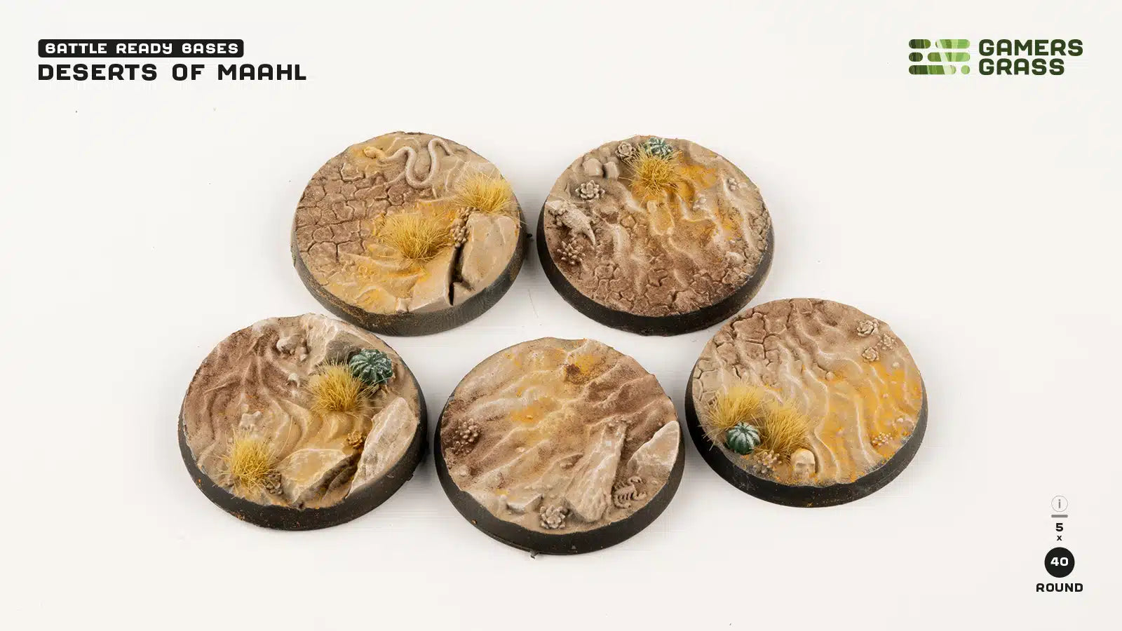 Gamers Grass Battle Ready Bases Deserts of Maahl Round 40mm (x5) - Loaded Dice