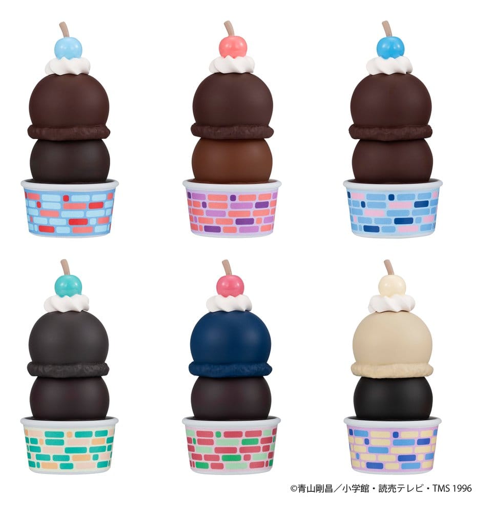Rear view of the six Detective Conan Tsumichen stacked figures in their cups