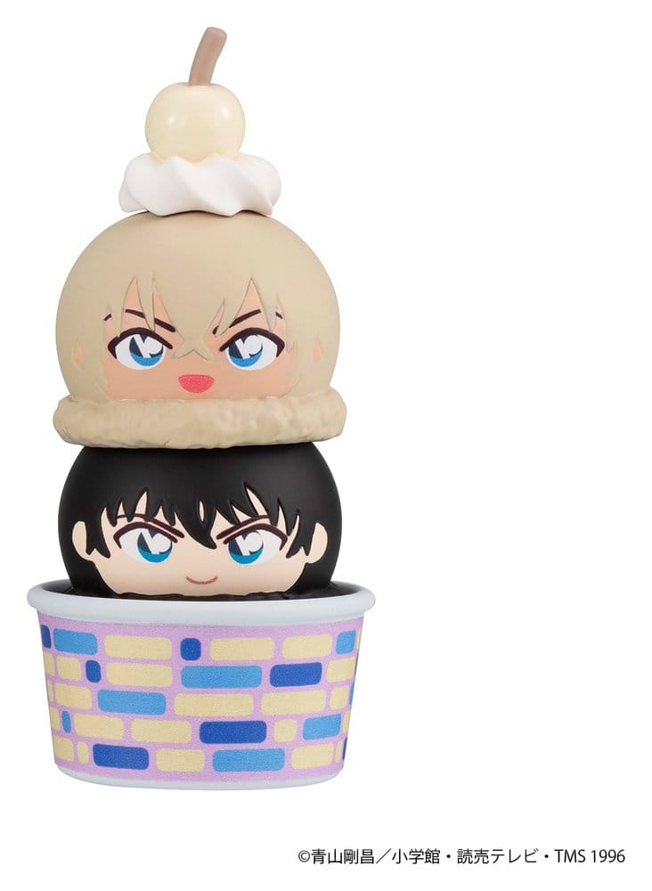 Detective Conan Tsumichen stack with blond character on top, lilac patterned cup
