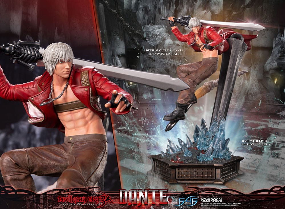 Devil May Cry 3 Dante statue by First 4 Figures, feature graphic with full view and face close-up