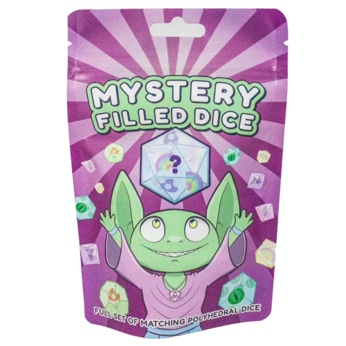 Dice Goblin Mystery Filled Dice bag with a green goblin cartoon on purple packaging