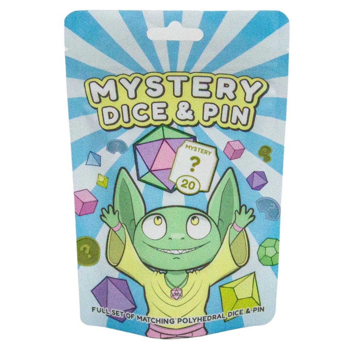 Dice Goblin Mystery Dice & Pin blind bag with a green goblin holding a D20 on the front