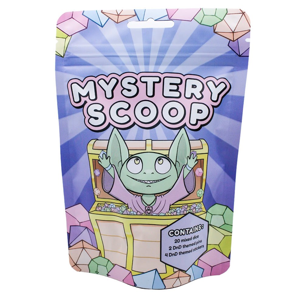 Dice Goblin Mystery Scoop bag with cartoon goblin artwork and colourful dice pattern