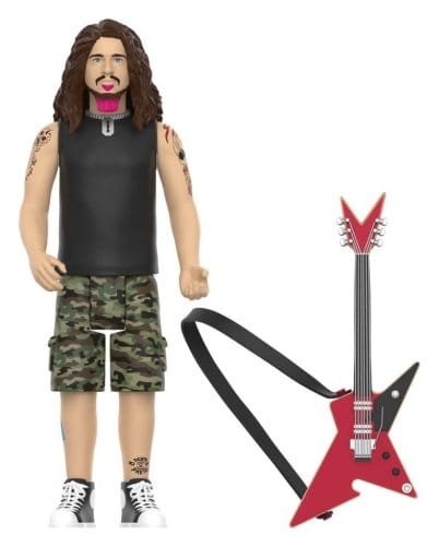 Dimebag Darrell ReAction figure in camo shorts with red lightning-bolt guitar and strap
