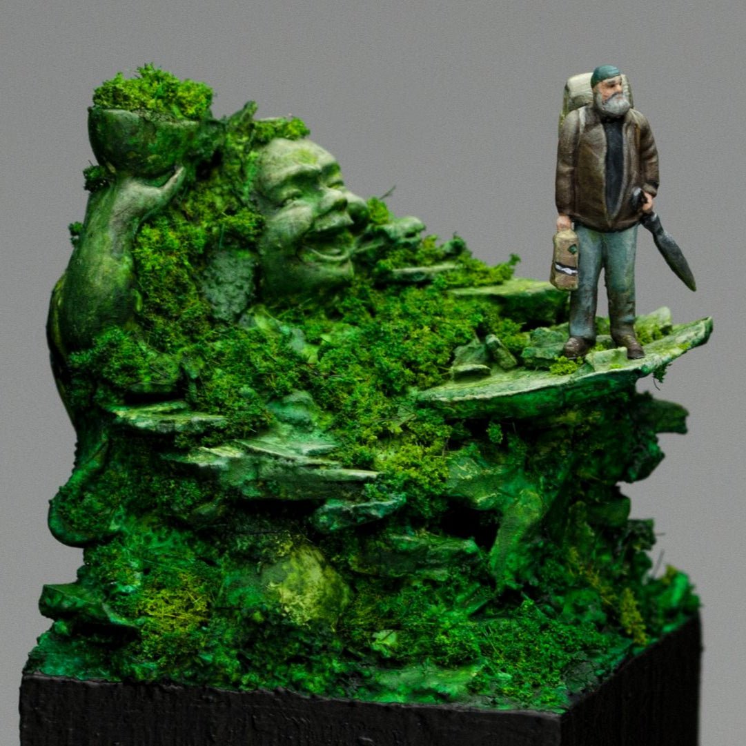 Mossy stone face diorama with figure, side view, Dirty Down Moss Effect example