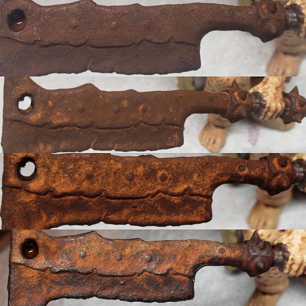 Four stages of Dirty Down Rust Effect building up oxidisation on a miniature cleaver blade