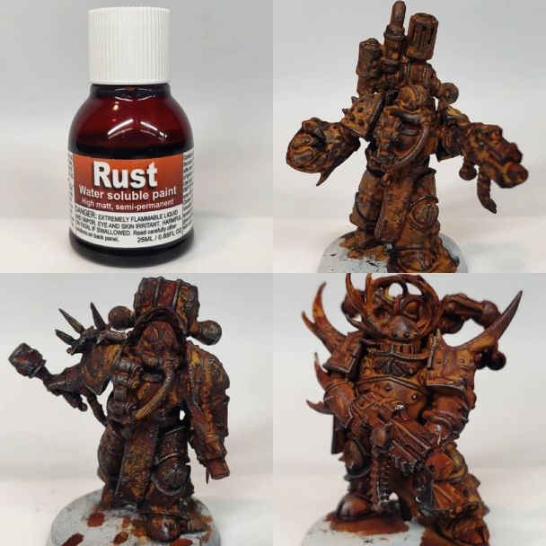 Dirty Down Rust Effect bottle beside three armoured Chaos warrior miniatures finished in heavy rust