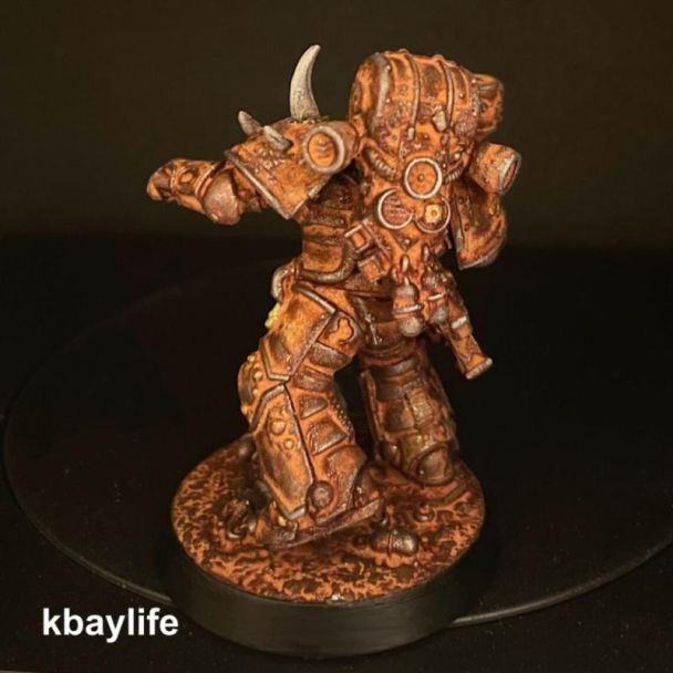 Horned power-armoured miniature painted entirely in rusted metal using Dirty Down Rust Effect
