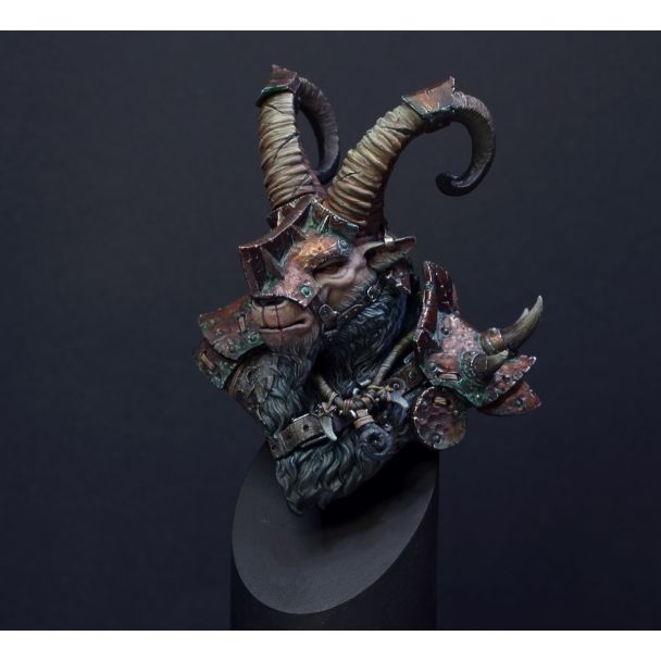 Painted horned beast bust with aged verdigris effect on the metalwork, Dirty Down
