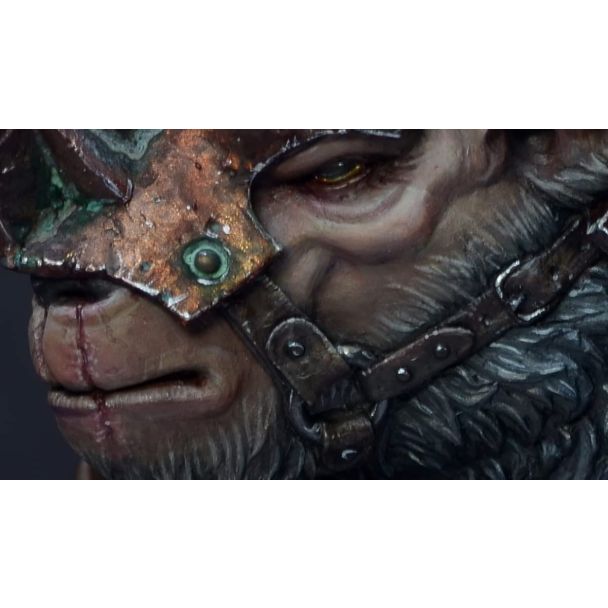 Close-up of a painted fantasy bust with Dirty Down Verdigris patina on its metal armour