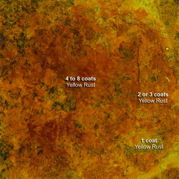 Dirty Down Yellow Rust test panel comparing 1 coat, 2 to 3 coats and 4 to 8 coats