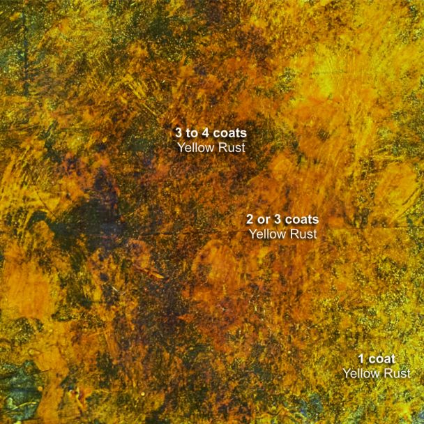 Dirty Down Yellow Rust test panel with 1 coat, 2 to 3 coats and 3 to 4 coats labelled