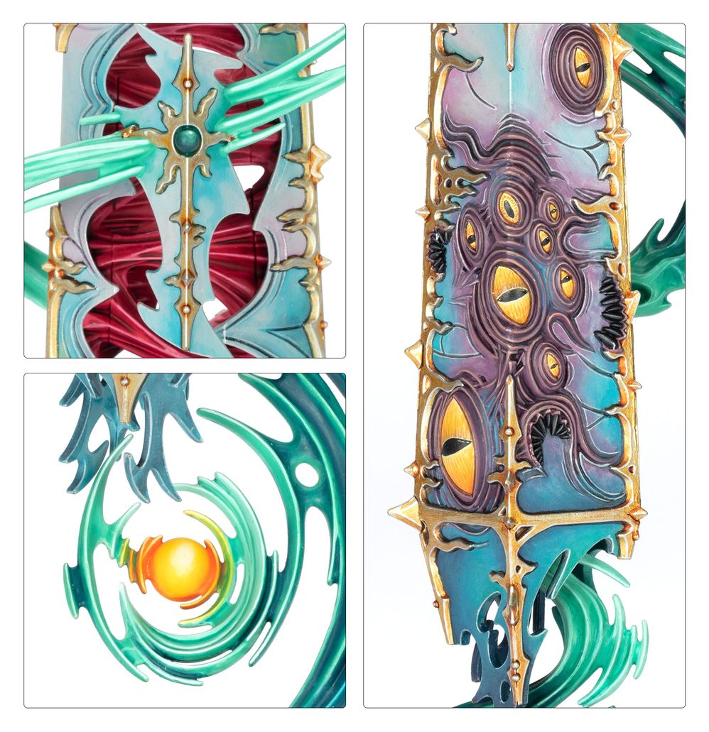 Close-ups of the Argent Shards' eye-covered columns and swirling turquoise sorcerous flames