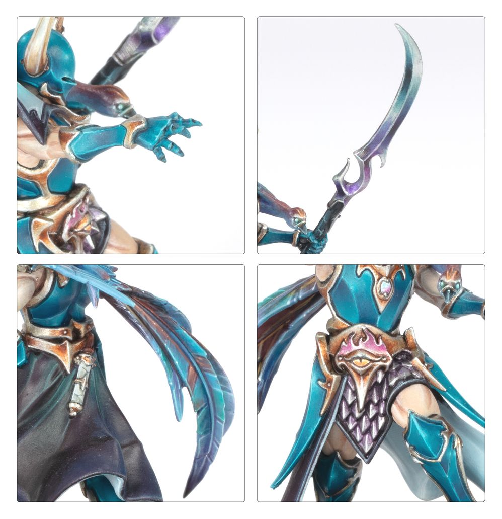 Close-ups of the painted Fatemaster's hand, glaive blade, robes and belt