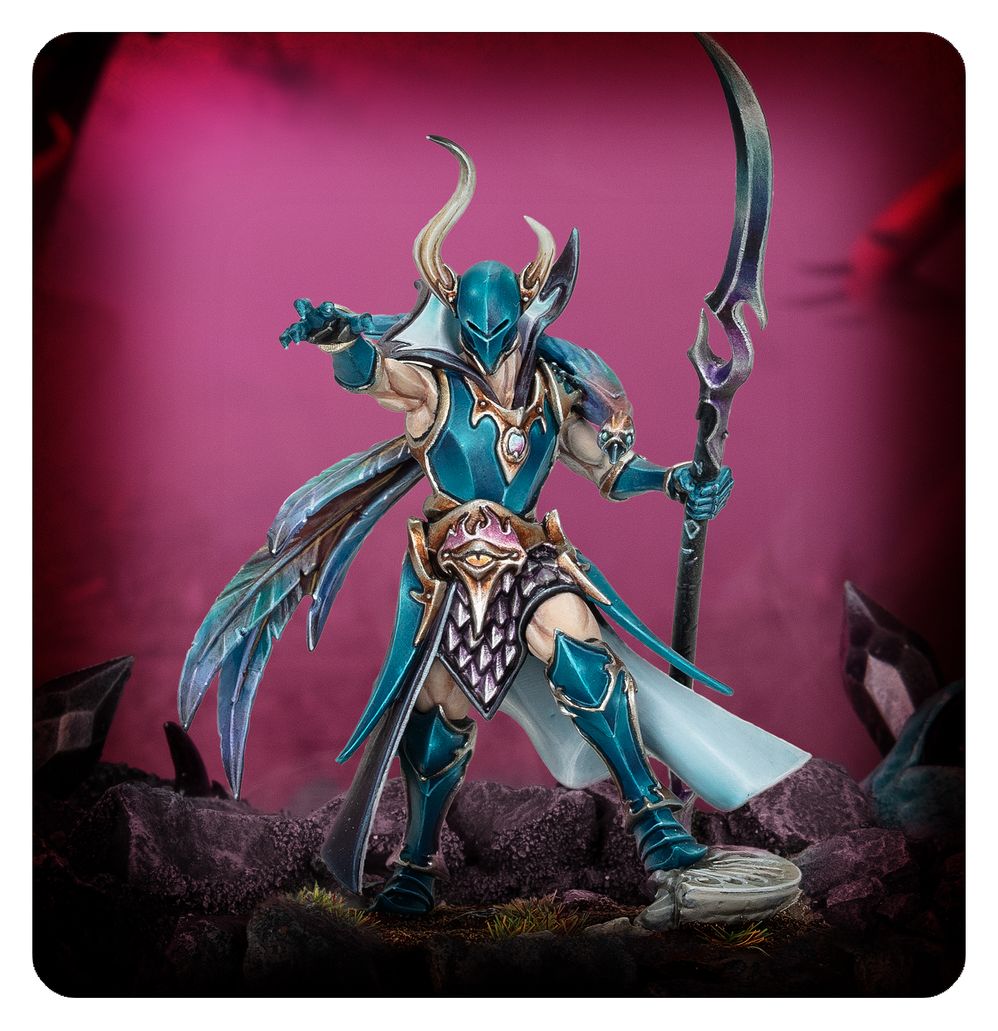 Painted Tzeentch Fatemaster posed on a battlefield scene against a pink backdrop