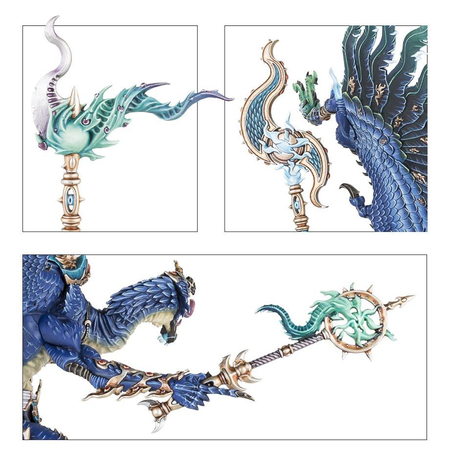 Close-ups of the Lord of Change staff options and wing detail, Disciples of Tzeentch