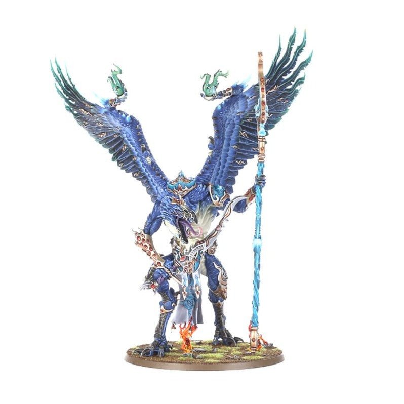 Front view of the painted Lord of Change with staff and wings raised, Disciples of Tzeentch