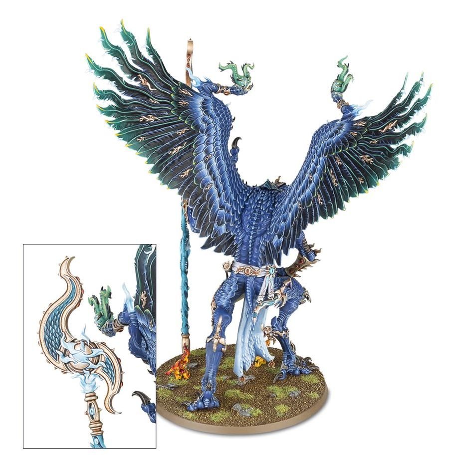 Rear view of the Lord of Change daemon with inset of the staff head, Disciples of Tzeentch