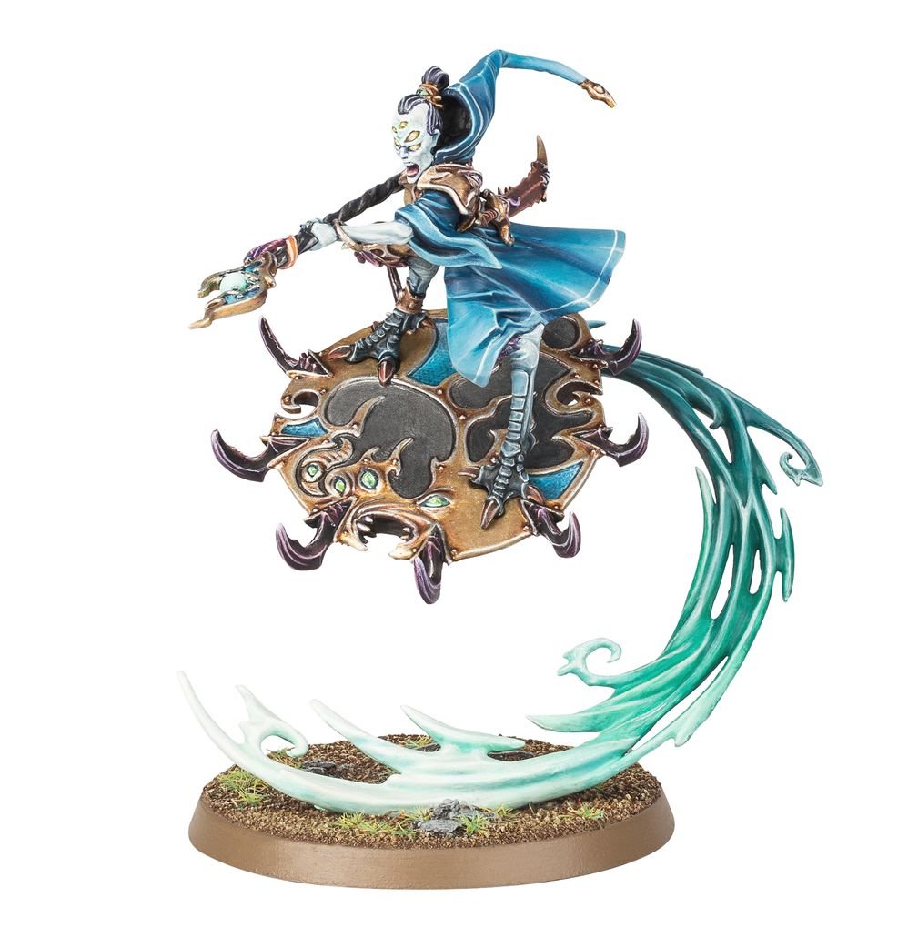 Painted Magister of Tzeentch riding a Disc on a swirling blue flame