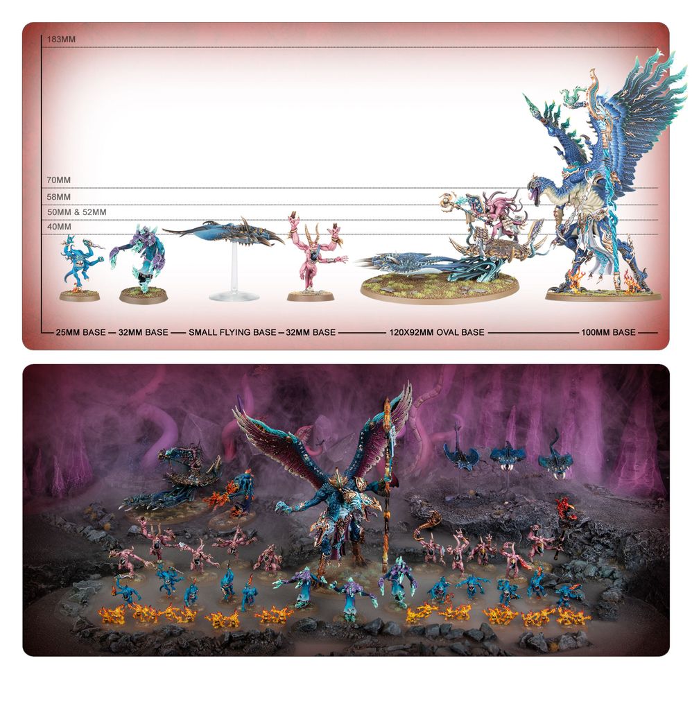 Warpflame Cavalcade miniatures size guide by base, with the painted army on a battlefield